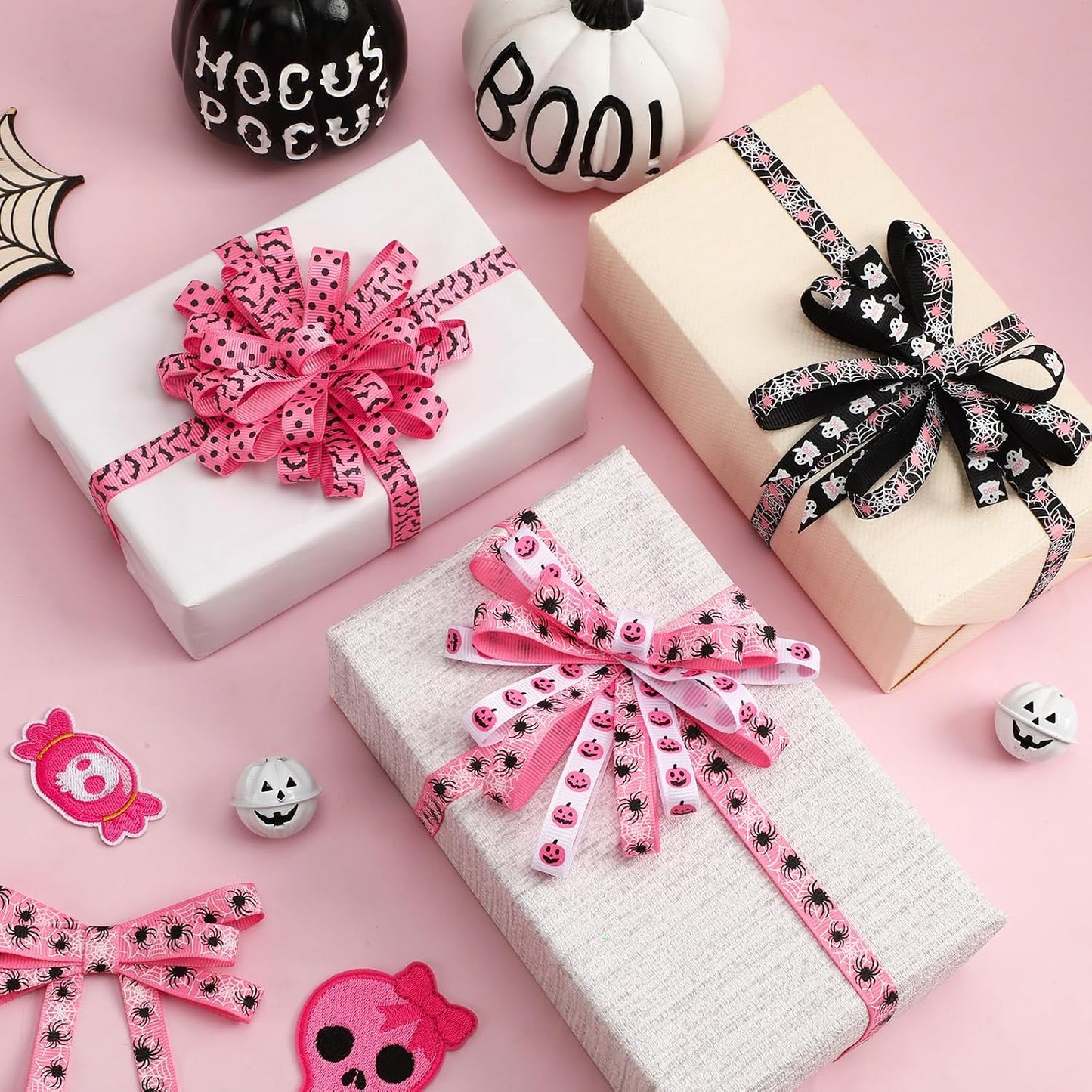 Pink Halloween Ribbon, 6 Rolls 60 Yards Spooky Grosgrain Ribbons