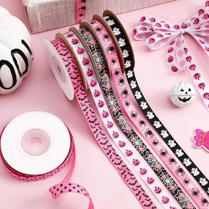 Pink Halloween Ribbon, 6 Rolls 60 Yards Spooky Grosgrain Ribbons