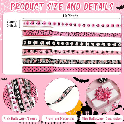 Pink Halloween Ribbon, 6 Rolls 60 Yards Spooky Grosgrain Ribbons