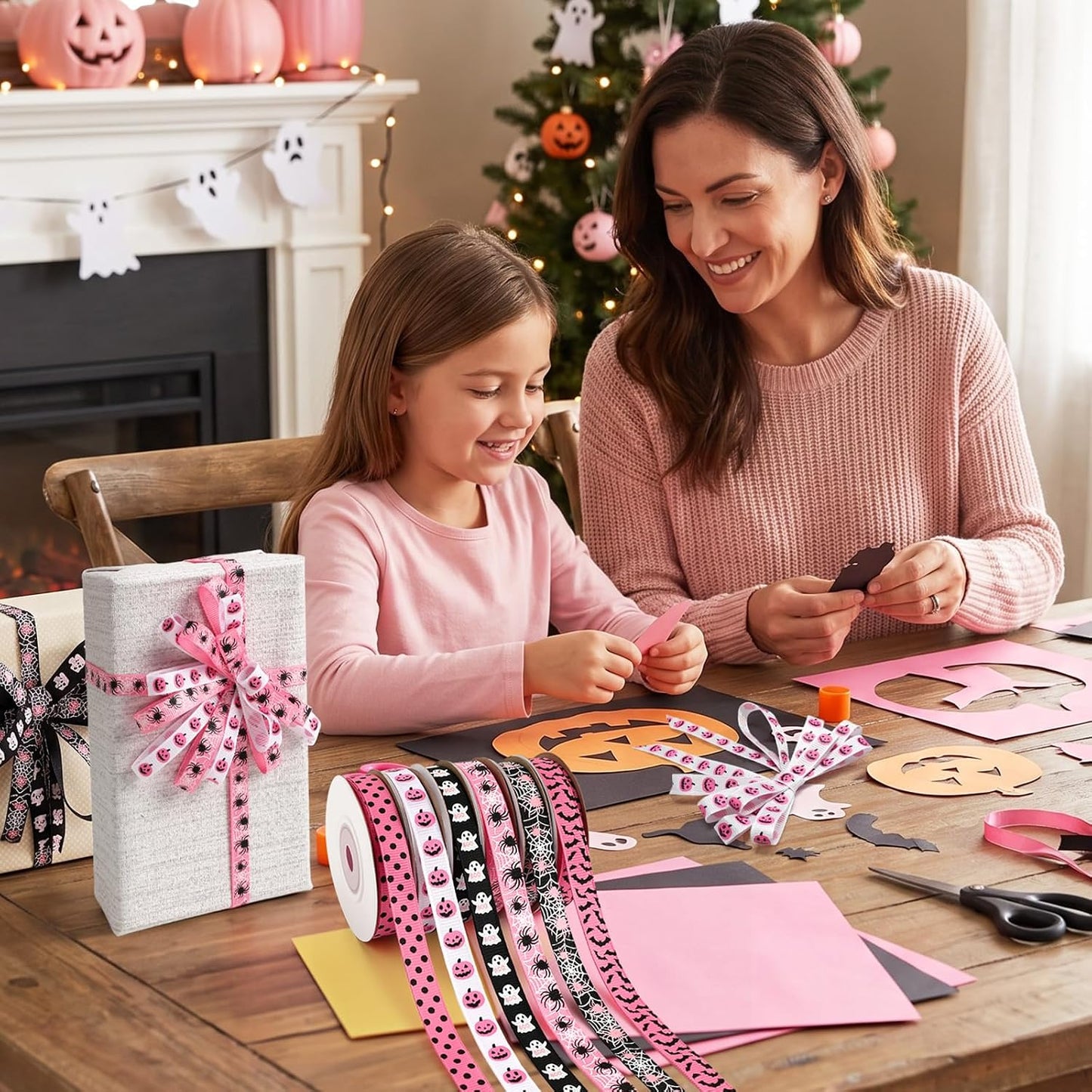 Pink Halloween Ribbon, 6 Rolls 60 Yards Spooky Grosgrain Ribbons