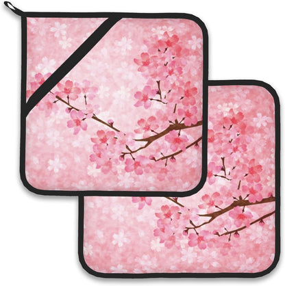 Pink Blooming Cherry Blossoms Pot Holder Set of 2,Heat Resistant Potholders Oven Hot Pads for Kitchen Cooking Baking BBQ