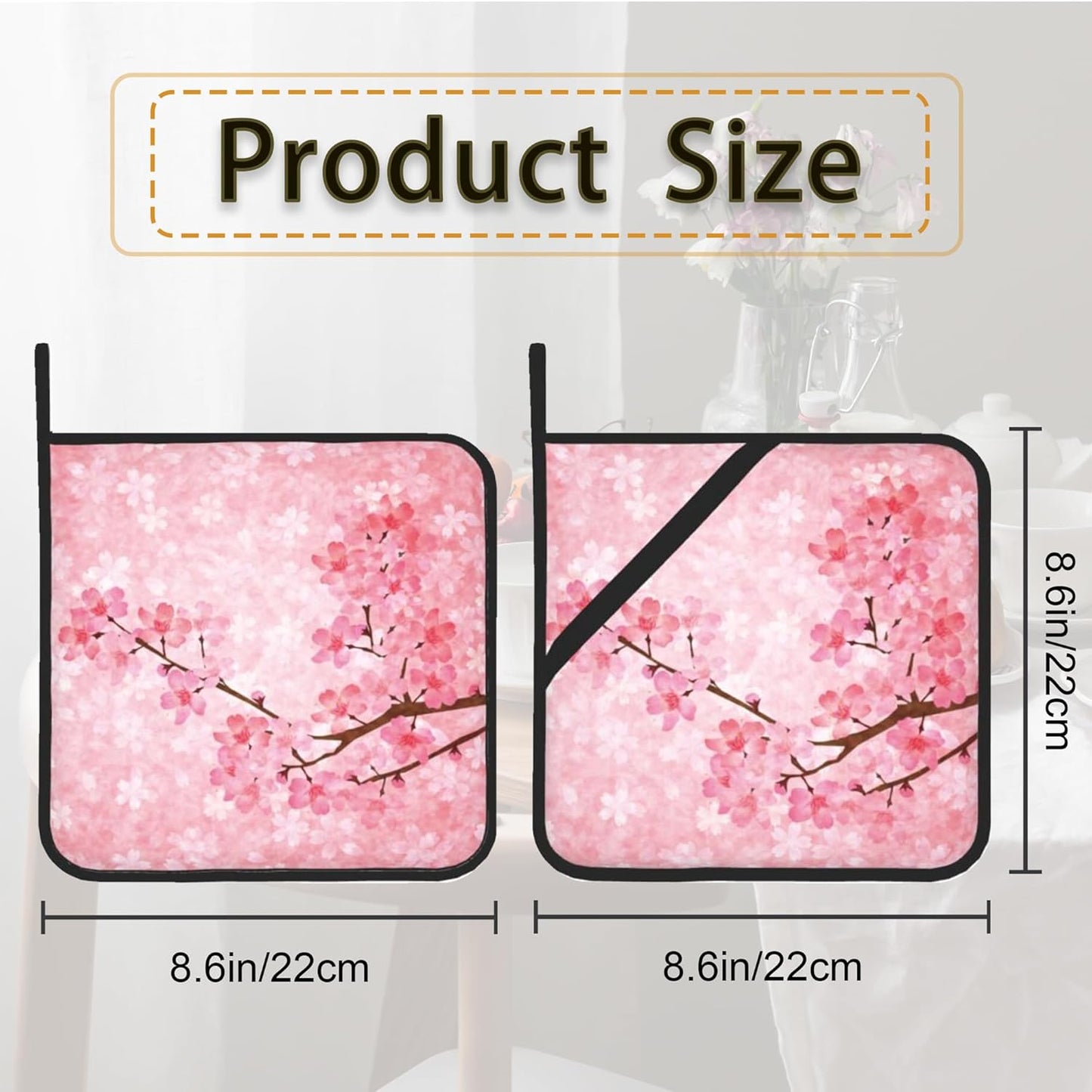 Pink Blooming Cherry Blossoms Pot Holder Set of 2,Heat Resistant Potholders Oven Hot Pads for Kitchen Cooking Baking BBQ
