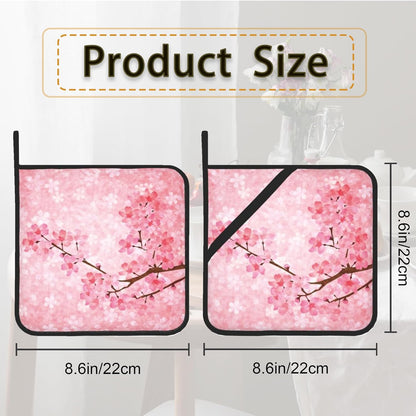 Pink Blooming Cherry Blossoms Pot Holder Set of 2,Heat Resistant Potholders Oven Hot Pads for Kitchen Cooking Baking BBQ