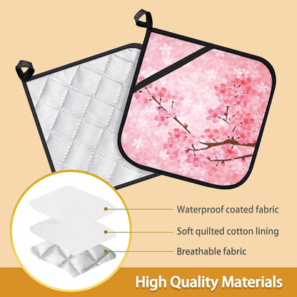 Pink Blooming Cherry Blossoms Pot Holder Set of 2,Heat Resistant Potholders Oven Hot Pads for Kitchen Cooking Baking BBQ