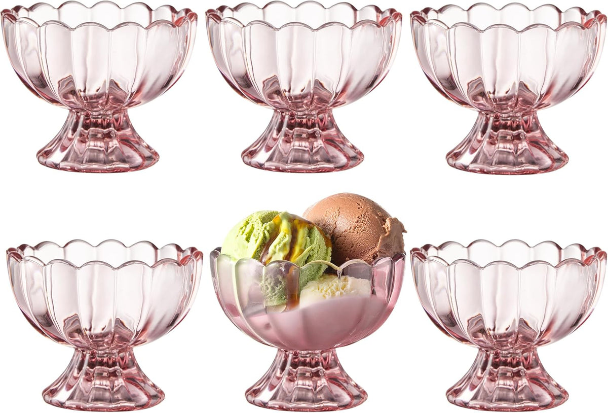 6PCs Set 5oz Small Cute Footed Tulip Glass Dessert Bowls/Cups - Perfect for Dessert, Sundae, Ice Cream, Fruit, Salad, Snack, Cocktail, Condiment, Trifle and Christmas Holiday Party (Pink)