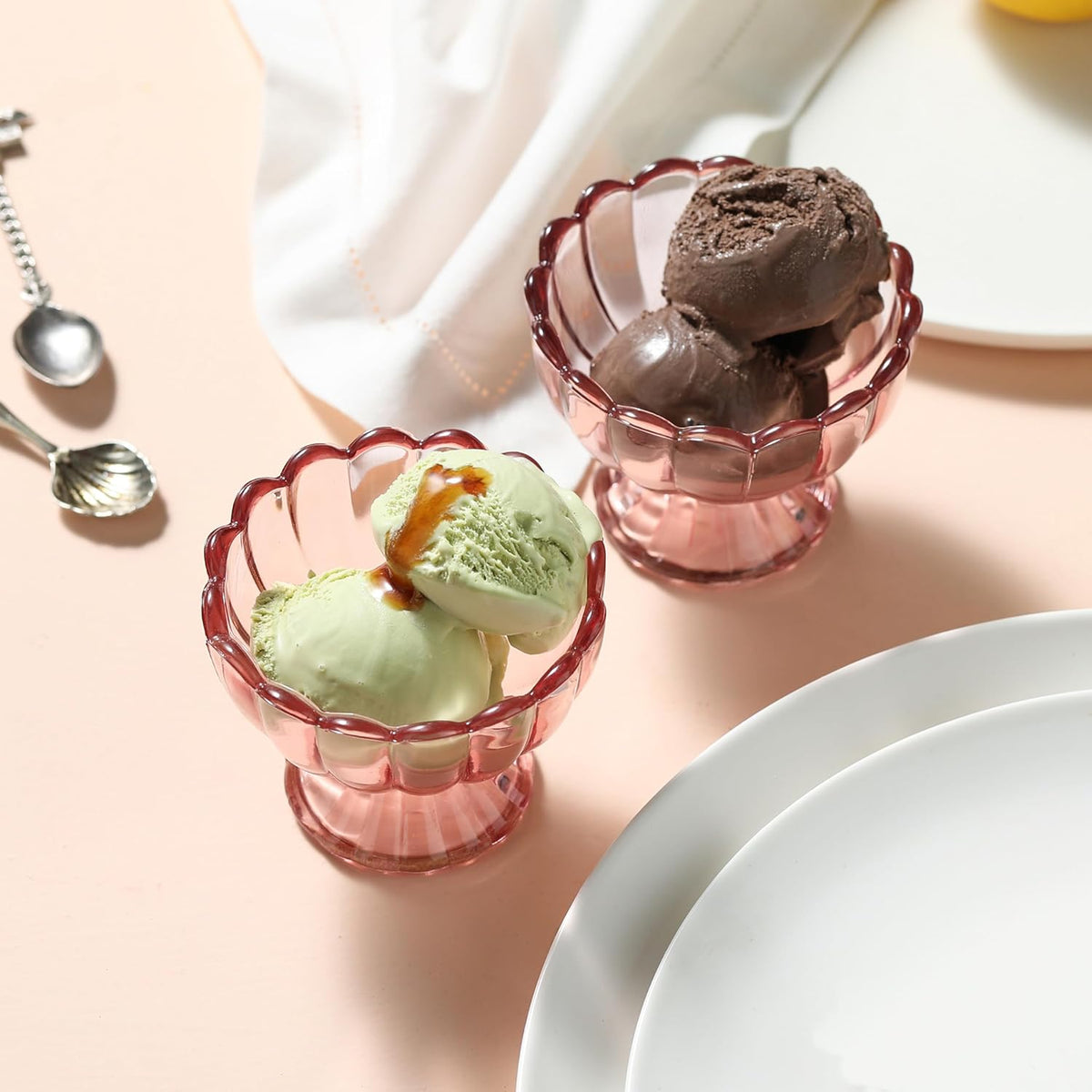6PCs Set 5oz Small Cute Footed Tulip Glass Dessert Bowls/Cups - Perfect for Dessert, Sundae, Ice Cream, Fruit, Salad, Snack, Cocktail, Condiment, Trifle and Christmas Holiday Party (Pink)