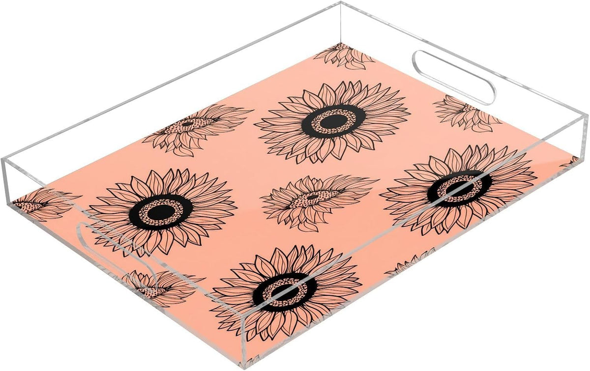 Sunflower Peach Serving Tray with Handles, 12x16 Inch Decorative Acrylic Tray Organizer, Multi-Purpose Sturdy Serving Platter for Coffee Table, Kitchen, Vanity, Nightstand