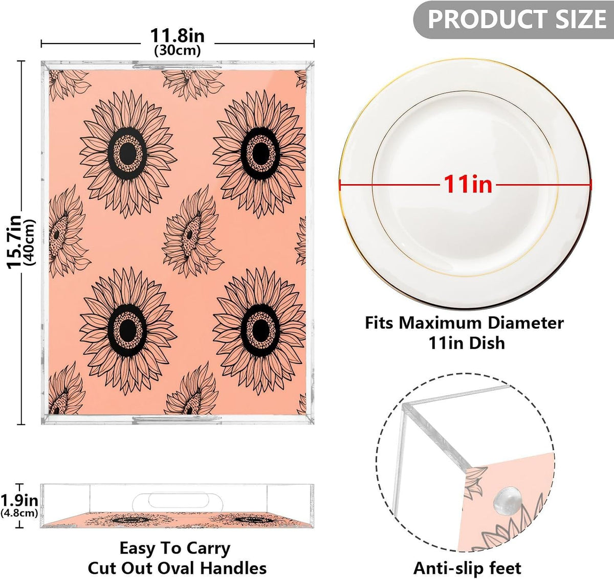 Sunflower Peach Serving Tray with Handles, 12x16 Inch Decorative Acrylic Tray Organizer, Multi-Purpose Sturdy Serving Platter for Coffee Table, Kitchen, Vanity, Nightstand