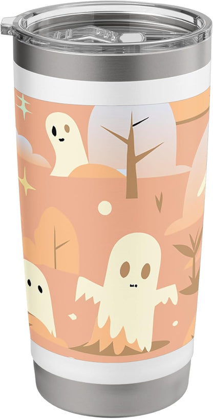 HALLOWEEN GHOST CARTOON PATTERN PEACH AND CREAM Stainless Steel Insulated Tumbler