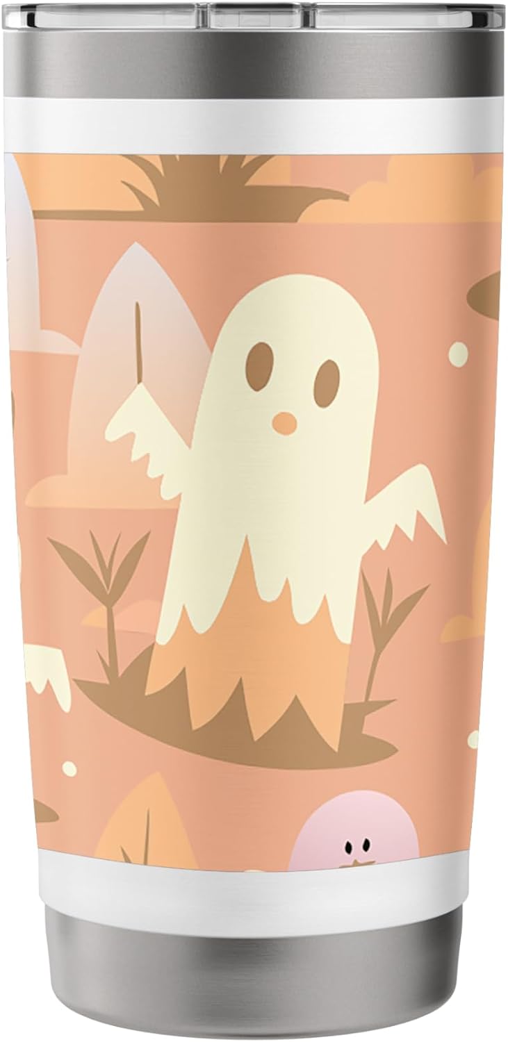 HALLOWEEN GHOST CARTOON PATTERN PEACH AND CREAM Stainless Steel Insulated Tumbler