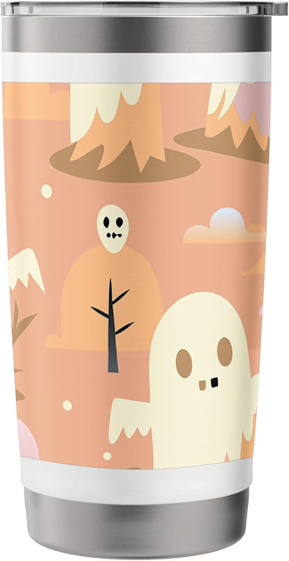 HALLOWEEN GHOST CARTOON PATTERN PEACH AND CREAM Stainless Steel Insulated Tumbler