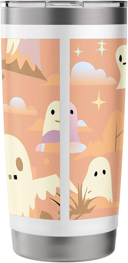 HALLOWEEN GHOST CARTOON PATTERN PEACH AND CREAM Stainless Steel Insulated Tumbler