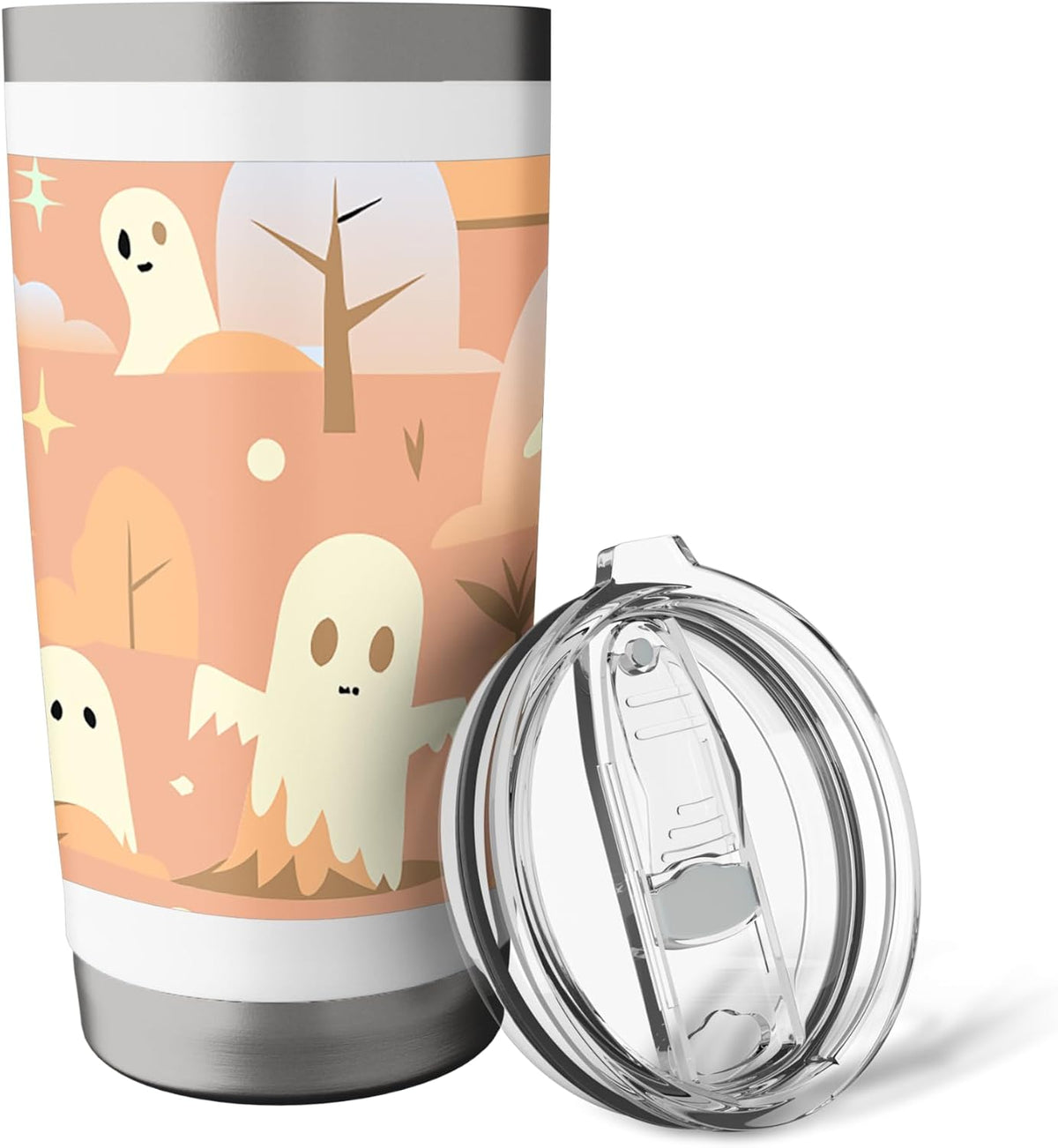 HALLOWEEN GHOST CARTOON PATTERN PEACH AND CREAM Stainless Steel Insulated Tumbler