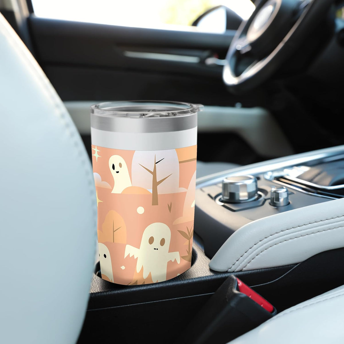 HALLOWEEN GHOST CARTOON PATTERN PEACH AND CREAM Stainless Steel Insulated Tumbler