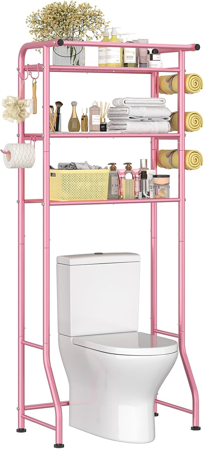 3 Tier Over The Toilet Rack, Shelf Bathroom, Bathroom Stand Organizer Space Saver, Pink