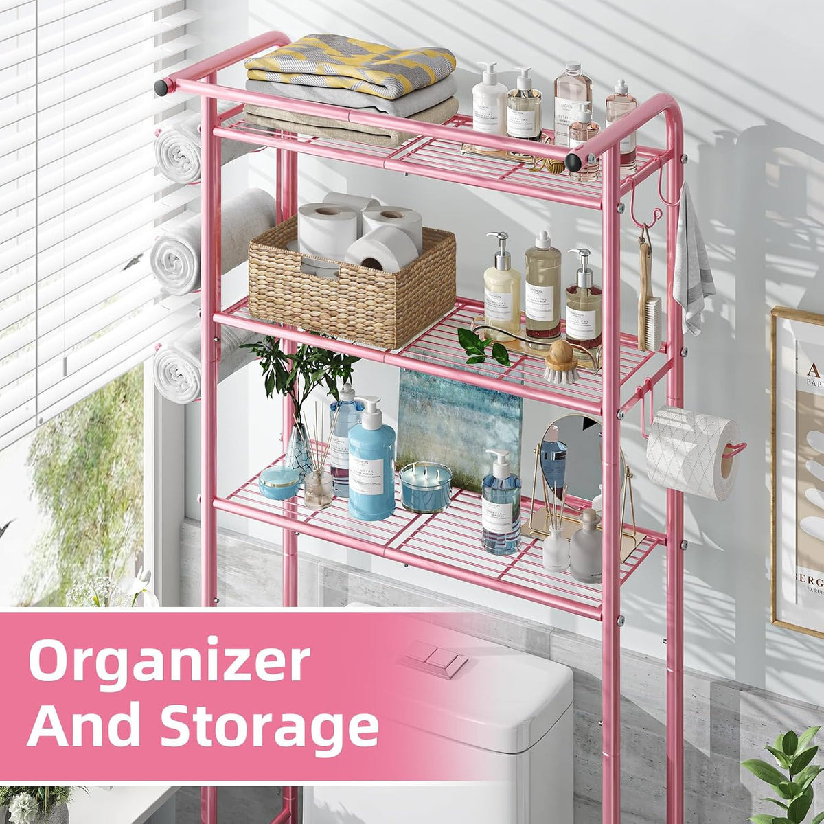 3 Tier Over The Toilet Rack, Shelf Bathroom, Bathroom Stand Organizer Space Saver, Pink