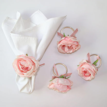 Pearl Napkin Rings Set of 6, Rustic Rose Napkin Rings Flower Dinner Napkin Holder for Mother's Day,Wedding,Dinners,Parties Table Decoration (Pink Rose)