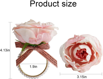 Pearl Napkin Rings Set of 6, Rustic Rose Napkin Rings Flower Dinner Napkin Holder for Mother's Day,Wedding,Dinners,Parties Table Decoration (Pink Rose)