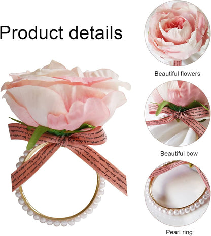 Pearl Napkin Rings Set of 6, Rustic Rose Napkin Rings Flower Dinner Napkin Holder for Mother's Day,Wedding,Dinners,Parties Table Decoration (Pink Rose)