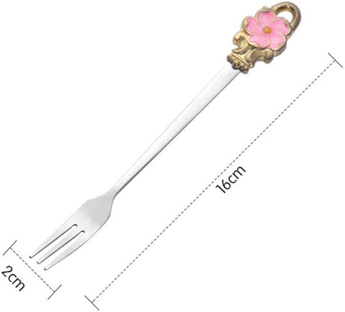 2pcs Set Spoon Fork Flower Printed Handle 304 Stainless Steel Teaspoons Dinner Spoon Stirring Forks Sugar Spoons for Coffee (Pink)