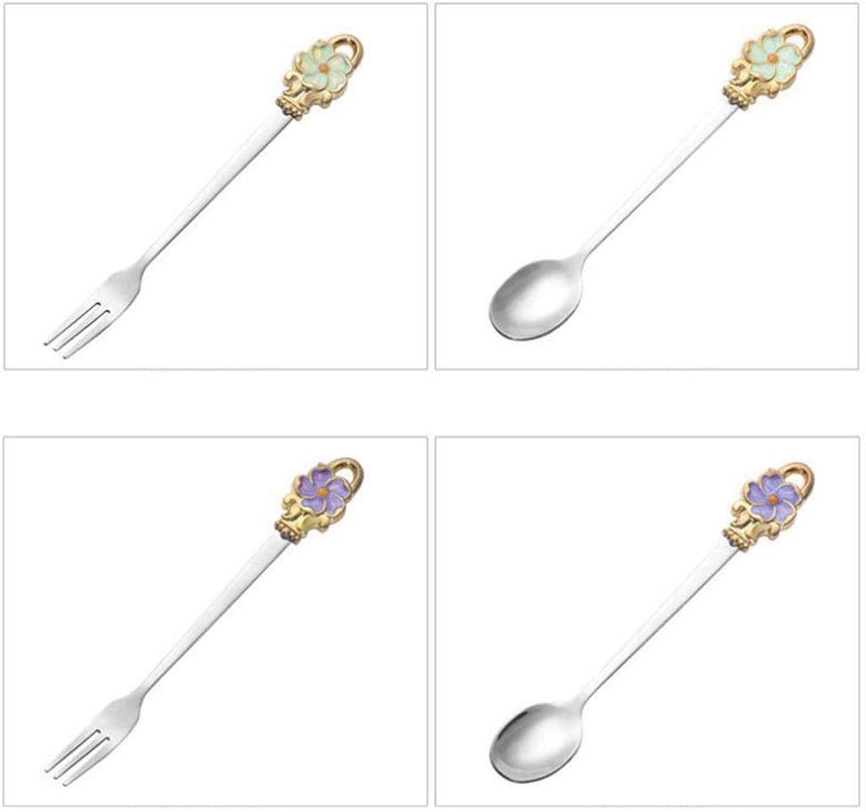 2pcs Set Spoon Fork Flower Printed Handle 304 Stainless Steel Teaspoons Dinner Spoon Stirring Forks Sugar Spoons for Coffee (Pink)