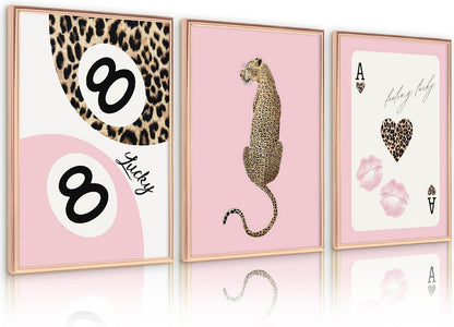 Cheetah Trendy Wall Art Preppy Leopard Canvas Print Cheetah Room Wall Decor 8 Ball Poster Y2k Pink Coquette Luxury Print Lucky Aesthetic Fashion Pictures for Bedroom 12x16x3 Inch Unframed