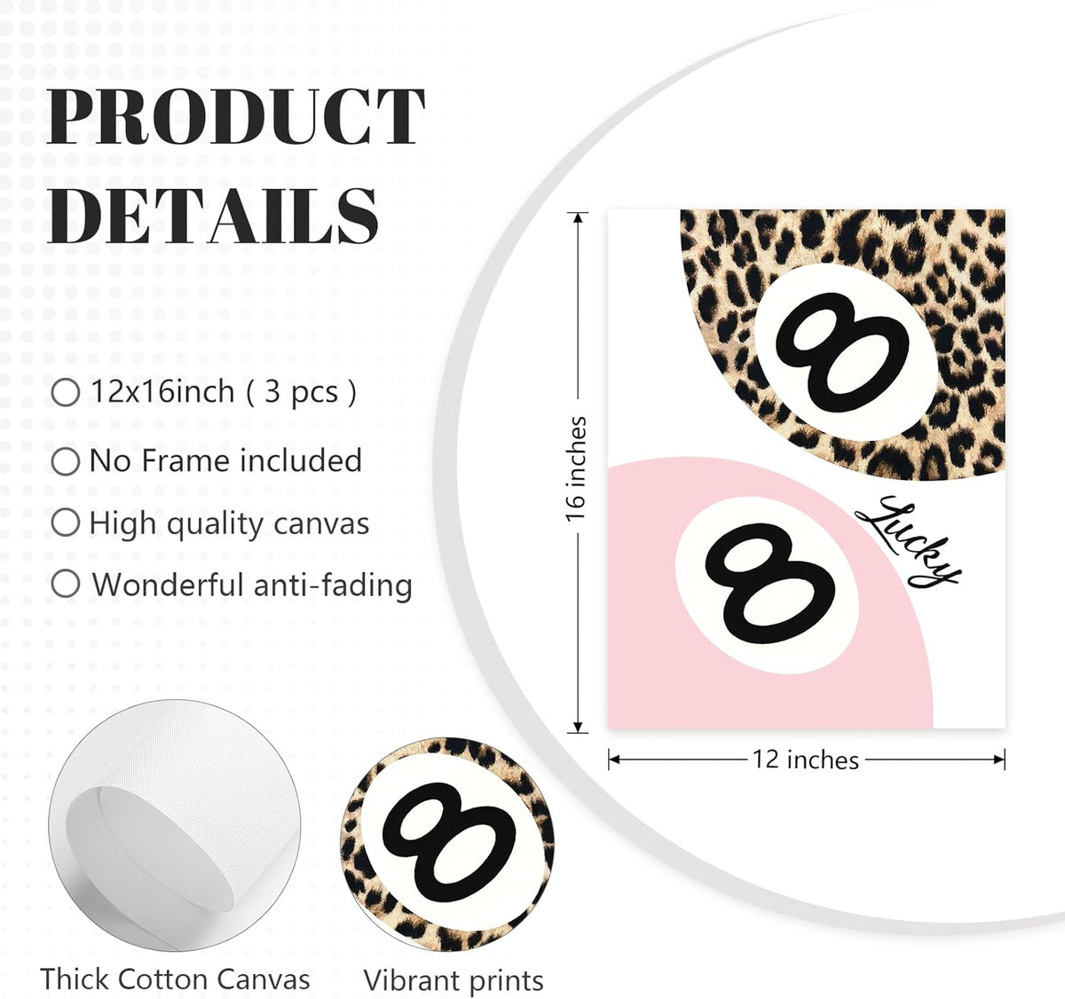 Cheetah Trendy Wall Art Preppy Leopard Canvas Print Cheetah Room Wall Decor 8 Ball Poster Y2k Pink Coquette Luxury Print Lucky Aesthetic Fashion Pictures for Bedroom 12x16x3 Inch Unframed