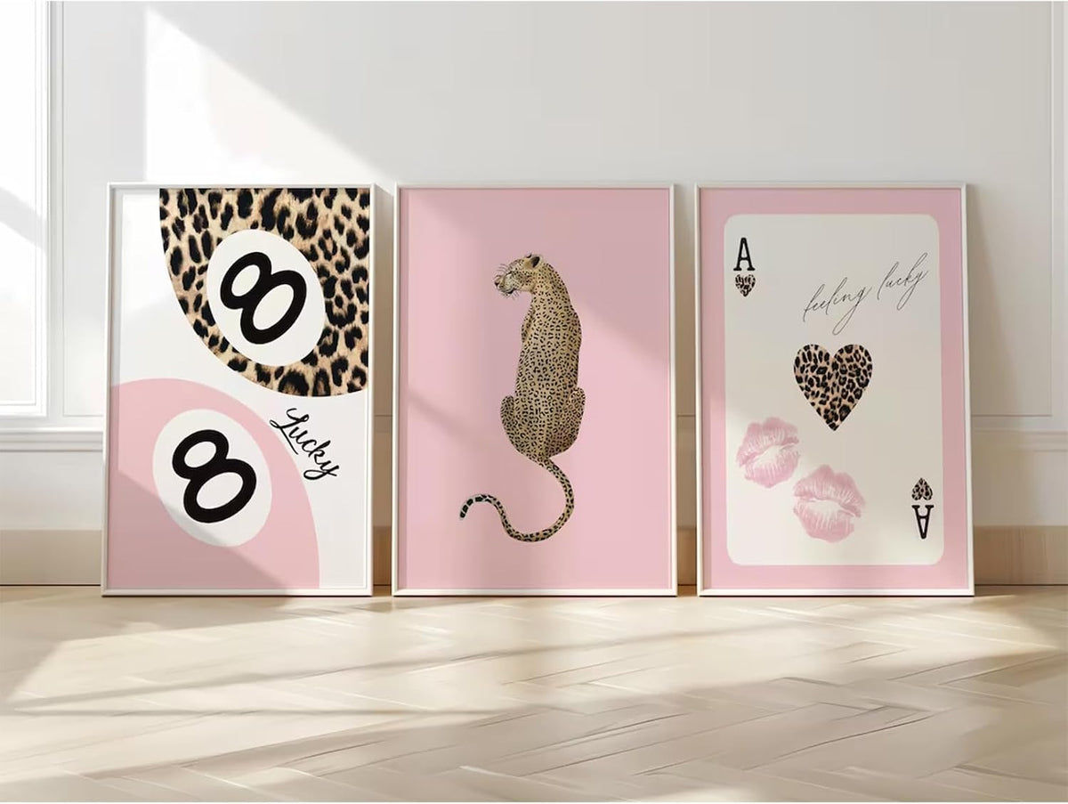 Cheetah Trendy Wall Art Preppy Leopard Canvas Print Cheetah Room Wall Decor 8 Ball Poster Y2k Pink Coquette Luxury Print Lucky Aesthetic Fashion Pictures for Bedroom 12x16x3 Inch Unframed