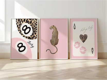 Cheetah Trendy Wall Art Preppy Leopard Canvas Print Cheetah Room Wall Decor 8 Ball Poster Y2k Pink Coquette Luxury Print Lucky Aesthetic Fashion Pictures for Bedroom 12x16x3 Inch Unframed