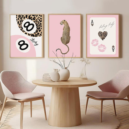 Cheetah Trendy Wall Art Preppy Leopard Canvas Print Cheetah Room Wall Decor 8 Ball Poster Y2k Pink Coquette Luxury Print Lucky Aesthetic Fashion Pictures for Bedroom 12x16x3 Inch Unframed