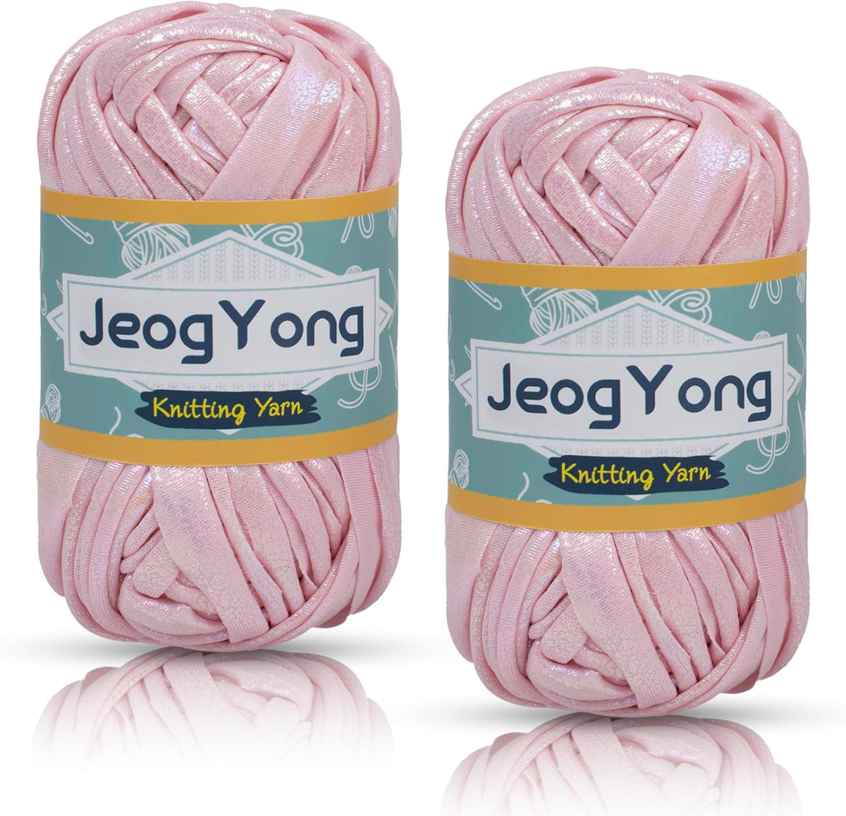 2 Skein Metallic T-Shirt Yarn, 2 x 100g(2 x 36yd) Polyester Knitting Fabric Ribbon Yarn, Chunky Crochet Tape for Crocheting Bags, Baskets, Home Decor, DIY Crafts (Light Pink)