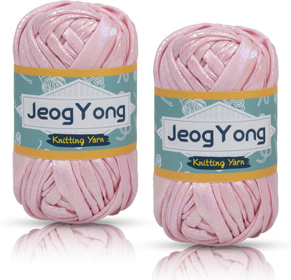 2 Skein Metallic T-Shirt Yarn, 2 x 100g(2 x 36yd) Polyester Knitting Fabric Ribbon Yarn, Chunky Crochet Tape for Crocheting Bags, Baskets, Home Decor, DIY Crafts (Light Pink)