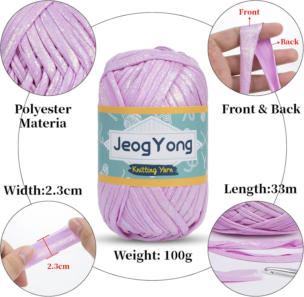2 Skein Metallic T-Shirt Yarn, 2 x 100g(2 x 36yd) Polyester Knitting Fabric Ribbon Yarn, Chunky Crochet Tape for Crocheting Bags, Baskets, Home Decor, DIY Crafts (Light Pink)