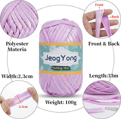 2 Skein Metallic T-Shirt Yarn, 2 x 100g(2 x 36yd) Polyester Knitting Fabric Ribbon Yarn, Chunky Crochet Tape for Crocheting Bags, Baskets, Home Decor, DIY Crafts (Light Pink)