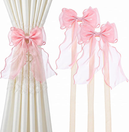 2 PCS Pink Curtains Tiebacks Bow Tie Backs for Curtains French Lace Ribbon Curtain Tiebacks Elegant Curtain Ties for Drapes for Home Office Bedroom Living Room Wedding Party Decoration