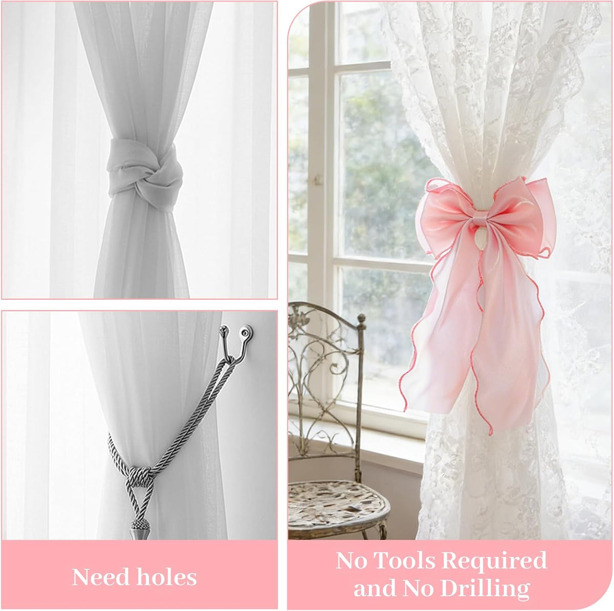 2 PCS Pink Curtains Tiebacks Bow Tie Backs for Curtains French Lace Ribbon Curtain Tiebacks Elegant Curtain Ties for Drapes for Home Office Bedroom Living Room Wedding Party Decoration