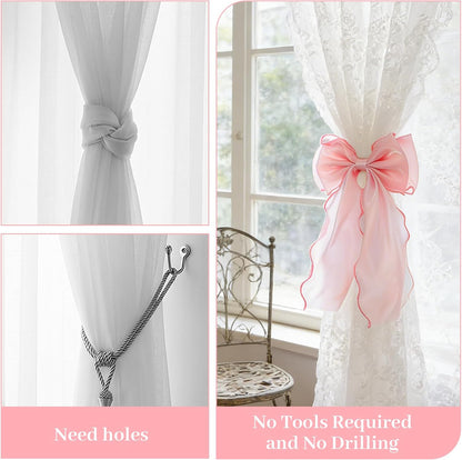 2 PCS Pink Curtains Tiebacks Bow Tie Backs for Curtains French Lace Ribbon Curtain Tiebacks Elegant Curtain Ties for Drapes for Home Office Bedroom Living Room Wedding Party Decoration