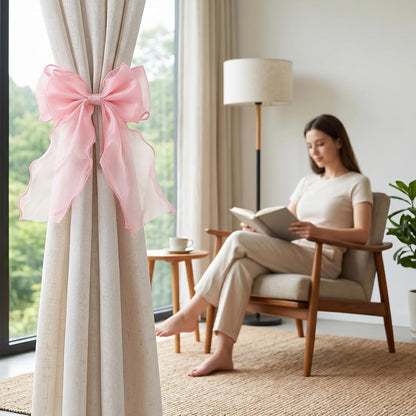 2 PCS Pink Curtains Tiebacks Bow Tie Backs for Curtains French Lace Ribbon Curtain Tiebacks Elegant Curtain Ties for Drapes for Home Office Bedroom Living Room Wedding Party Decoration