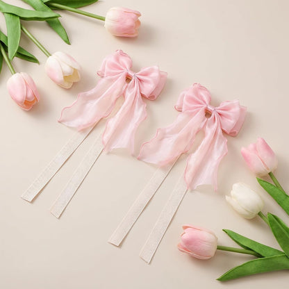 2 PCS Pink Curtains Tiebacks Bow Tie Backs for Curtains French Lace Ribbon Curtain Tiebacks Elegant Curtain Ties for Drapes for Home Office Bedroom Living Room Wedding Party Decoration