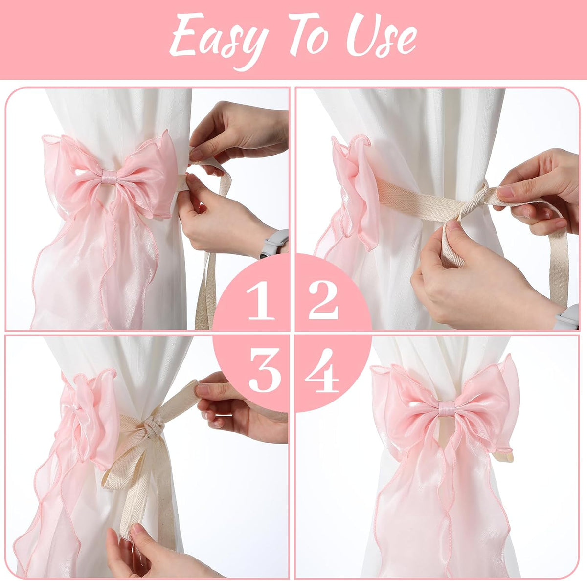 2 PCS Pink Curtains Tiebacks Bow Tie Backs for Curtains French Lace Ribbon Curtain Tiebacks Elegant Curtain Ties for Drapes for Home Office Bedroom Living Room Wedding Party Decoration