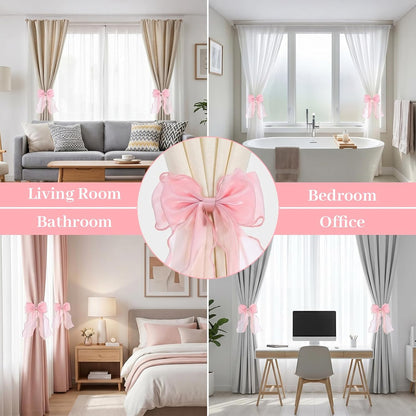 2 PCS Pink Curtains Tiebacks Bow Tie Backs for Curtains French Lace Ribbon Curtain Tiebacks Elegant Curtain Ties for Drapes for Home Office Bedroom Living Room Wedding Party Decoration