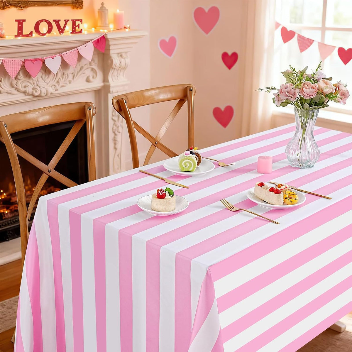 Pink and White Striped Tablecloth Valentines Day Table Cloth - 57 x 120 Inch Waterproof Tablecloth Rectangle Polyester Table Cover for Birthday Wedding Bridal Shower Banquet Valentine Party Decoration