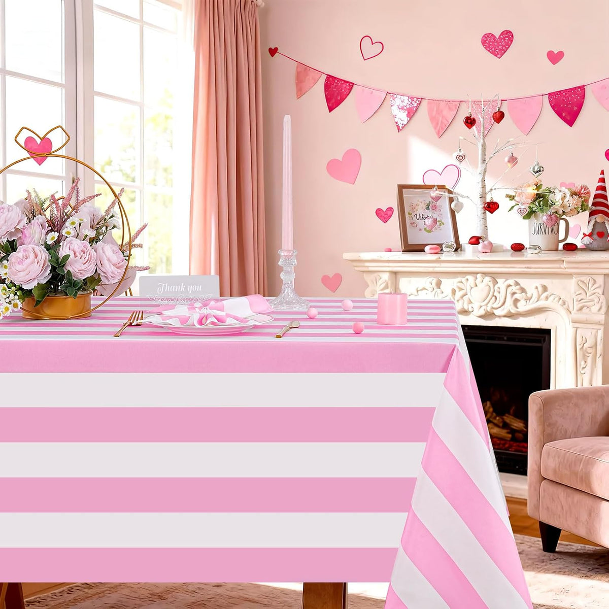 Pink and White Striped Tablecloth Valentines Day Table Cloth - 57 x 120 Inch Waterproof Tablecloth Rectangle Polyester Table Cover for Birthday Wedding Bridal Shower Banquet Valentine Party Decoration