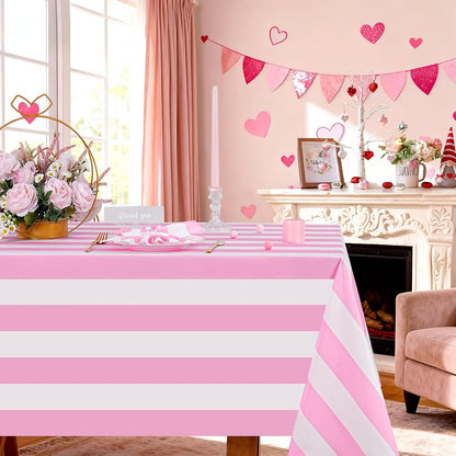 Pink and White Striped Tablecloth Valentines Day Table Cloth - 57 x 120 Inch Waterproof Tablecloth Rectangle Polyester Table Cover for Birthday Wedding Bridal Shower Banquet Valentine Party Decoration