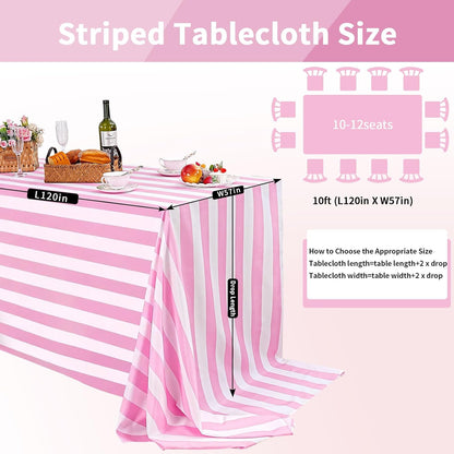 Pink and White Striped Tablecloth Valentines Day Table Cloth - 57 x 120 Inch Waterproof Tablecloth Rectangle Polyester Table Cover for Birthday Wedding Bridal Shower Banquet Valentine Party Decoration