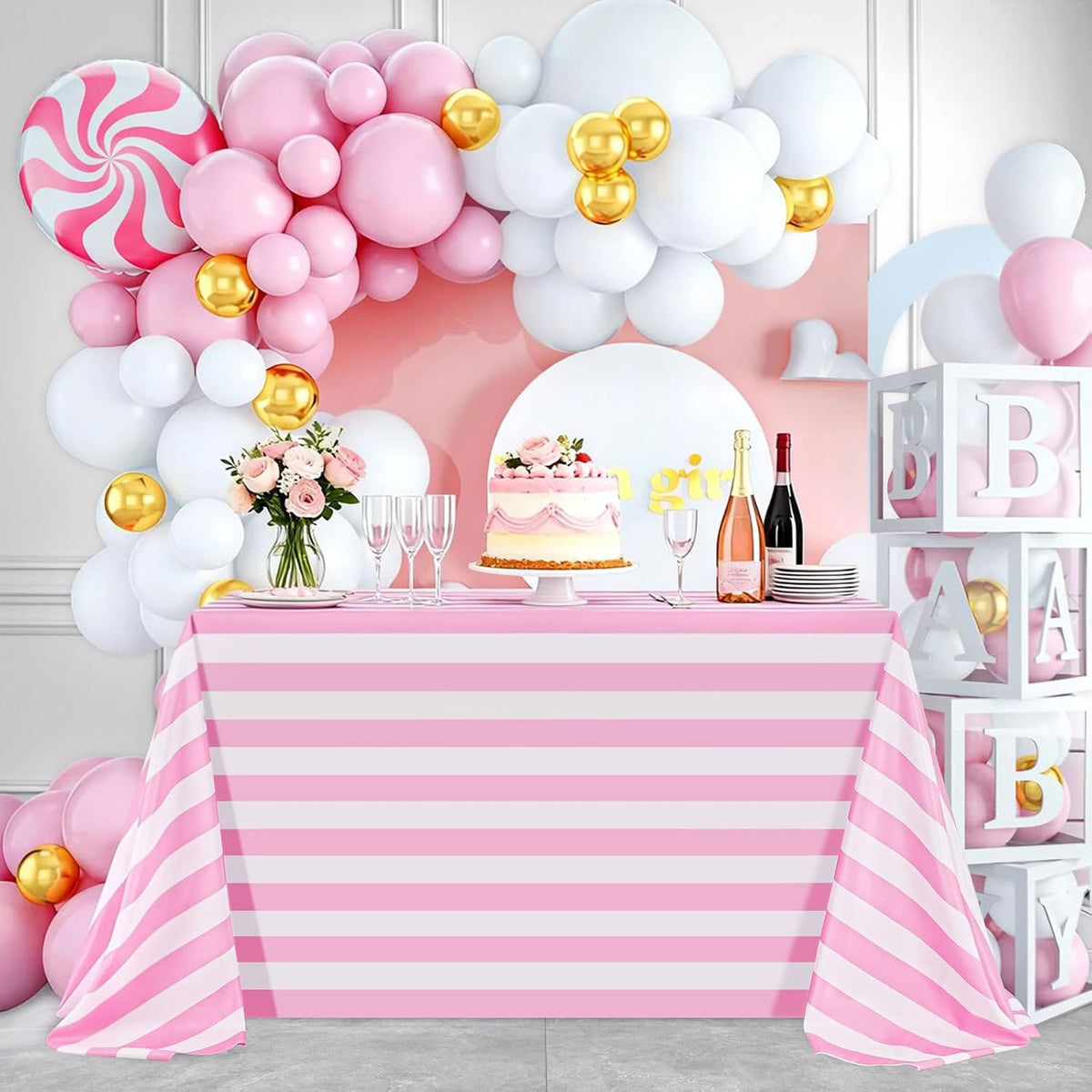 Pink and White Striped Tablecloth Valentines Day Table Cloth - 57 x 120 Inch Waterproof Tablecloth Rectangle Polyester Table Cover for Birthday Wedding Bridal Shower Banquet Valentine Party Decoration