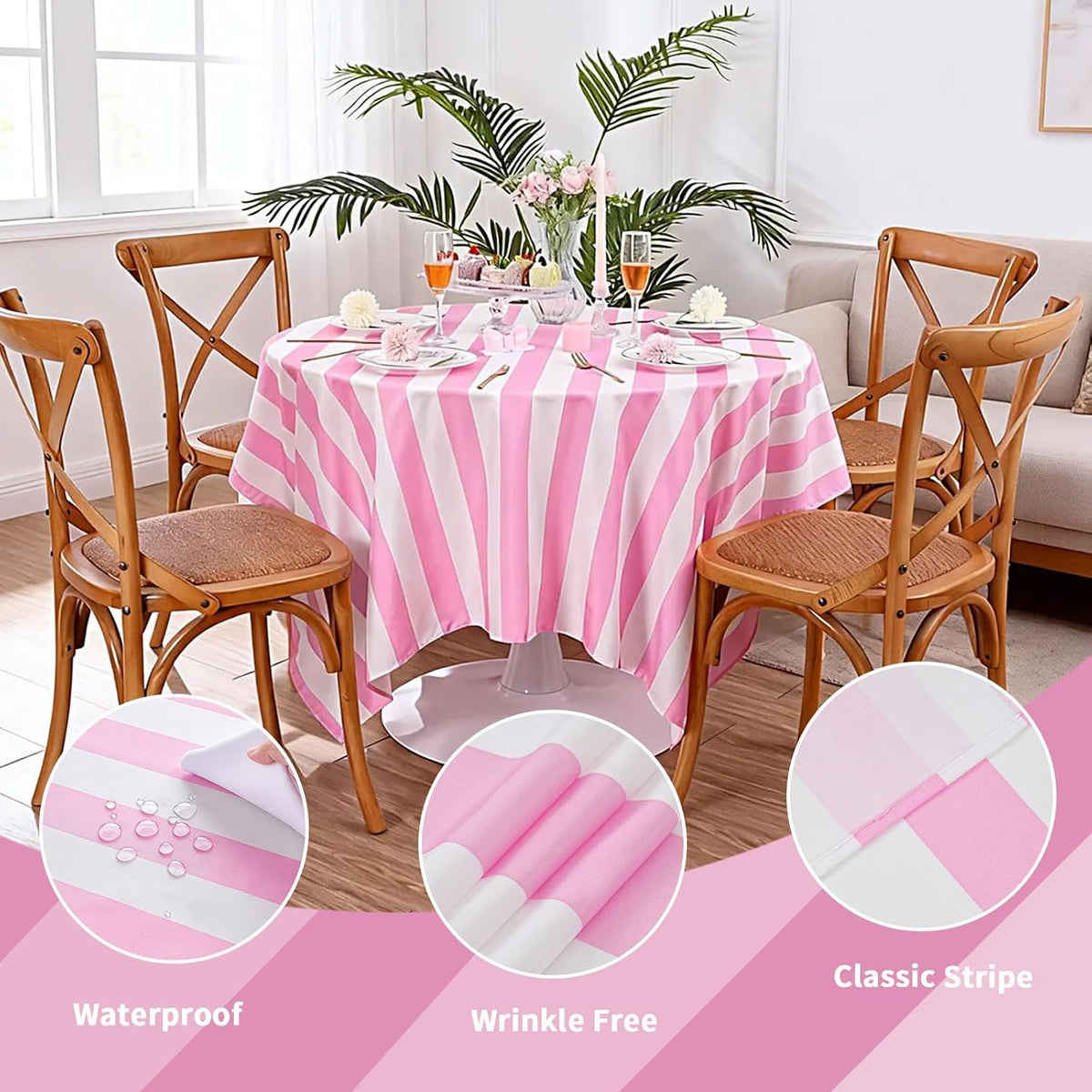 Pink and White Striped Tablecloth Valentines Day Table Cloth - 57 x 120 Inch Waterproof Tablecloth Rectangle Polyester Table Cover for Birthday Wedding Bridal Shower Banquet Valentine Party Decoration