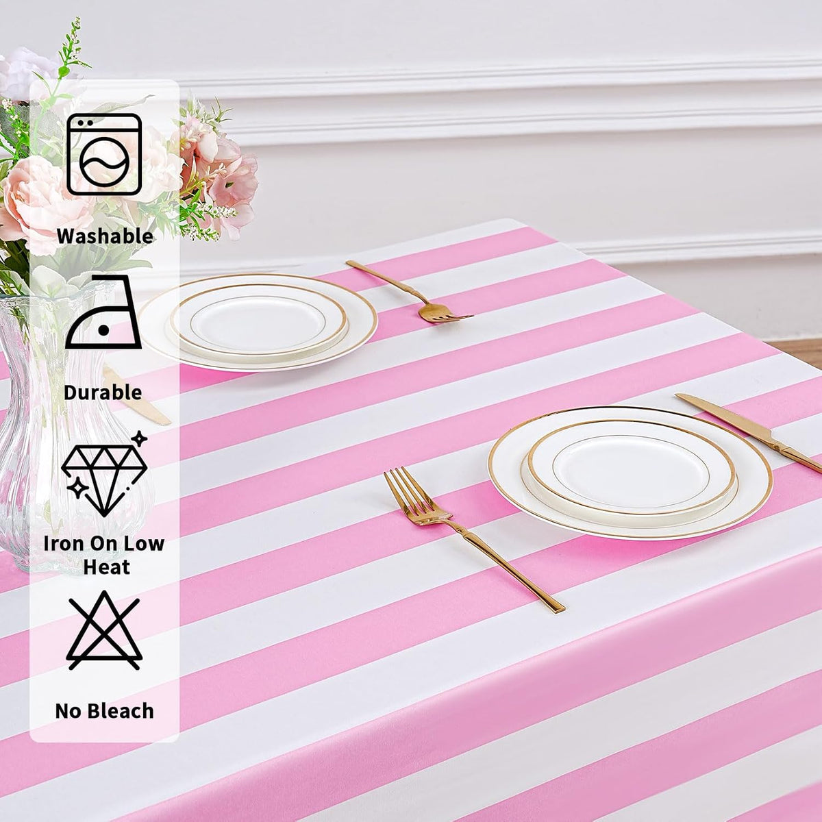 Pink and White Striped Tablecloth Valentines Day Table Cloth - 57 x 120 Inch Waterproof Tablecloth Rectangle Polyester Table Cover for Birthday Wedding Bridal Shower Banquet Valentine Party Decoration