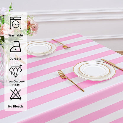 Pink and White Striped Tablecloth Valentines Day Table Cloth - 57 x 120 Inch Waterproof Tablecloth Rectangle Polyester Table Cover for Birthday Wedding Bridal Shower Banquet Valentine Party Decoration