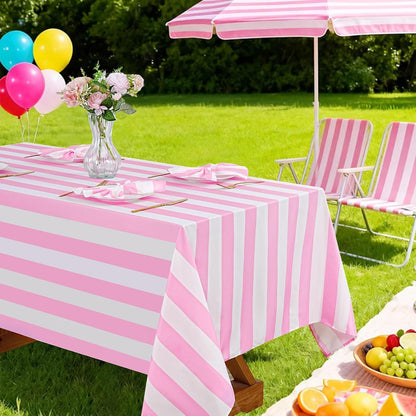 Pink and White Striped Tablecloth Valentines Day Table Cloth - 57 x 120 Inch Waterproof Tablecloth Rectangle Polyester Table Cover for Birthday Wedding Bridal Shower Banquet Valentine Party Decoration